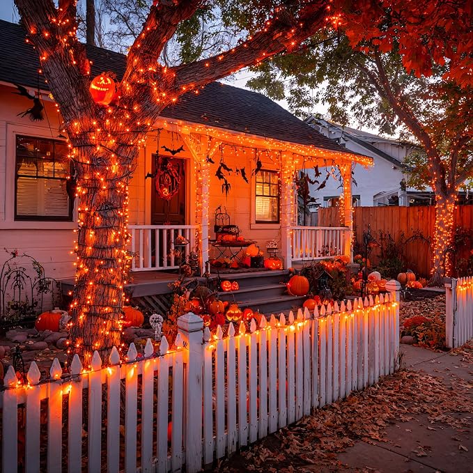 JMEXSUSS 2 Pack Solar Halloween Lights, Total 151FT 400 LED, Orange | Halloween Lights Outdoor Waterproof, 8 Modes Solar String Lights for Outside Patio Tree Garden Yard Halloween Decorations