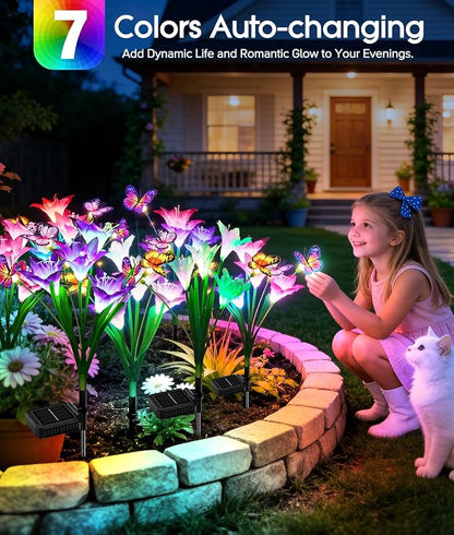 KOOPER Solar Lights Outdoor Garden Decor 8 Pack, 32 Lily Flowers and 24 Swaying Butterflies, IP65 Waterproof 7 Color Changing Solar Flower Lights for Yard Patio Pathway, Gifts for Mom Women Grandma
