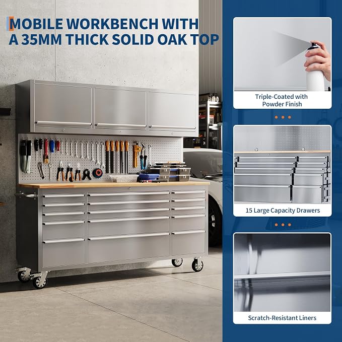 GarveeTech 72-Inch Heavy-Duty Rolling Tool Chest & Mobile Workbench, 15 Drawers & 3 Top Cabinets, Rubber Wood Tabletop, Key Locking System, Drawer Liners, Wheels, Steel Storage Cabinet for Garage