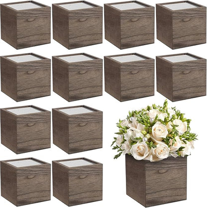 Suzile 12 Set 4 Inch Wooden Planter Box Flower Square Vases for Centerpiece Rustic Cube Planter Box with Removable Foam Blocks Liner Square Vase Craft for Garden Home(Brown Wood)