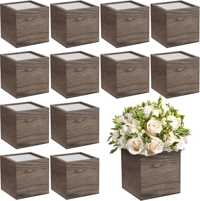 Suzile 12 Set 5 Inch Wooden Planter Box Flower Square vases for Centerpiece Rustic Cube Planter Box with Removable Foam Blocks Liner Square Vase Craft for Garden Home (Brown)