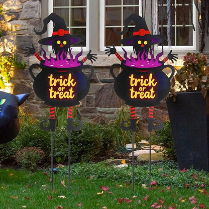 Witch Halloween Decorations Cauldron 39.7 inch with Trick or Treat Sign, Large Halloween Yard Stakes Metal for Garden, Lawn, and Outdoor Spooky Yard Decorations
