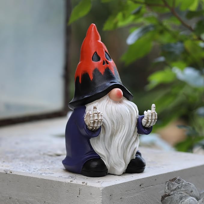 Halloween Middle Finger Gnome Statue with Skeleton Hands - Spooky Ghost Face Hat Resin Figurine 7.8in, Weather Resistant Indoor Outdoor Decor for Patio Yard Halloween Party, Novelty Edgy Gift