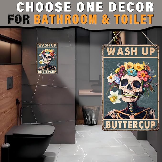 PEACHGARDEN Wash Up Buttercup Metal Sign, Funny Bathroom Decor, Skeleton Skull Bathroom Wall Art, Vintage Floral Aluminum Sign for Restroom Guest Bath Toilet, 8x12 Inch