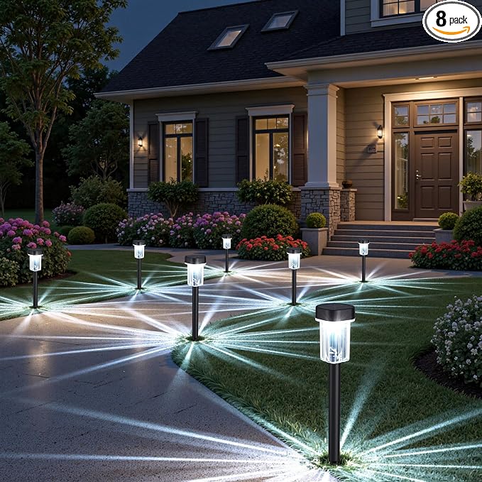 Solar Lights Pathways 8 Pack, Solar Garden Lights IP65 Waterproof 6000K Cold White LED Path Lighting with Snowflake Pattern for Yard Lawn Driveway Walkway Ground Patio Landscape