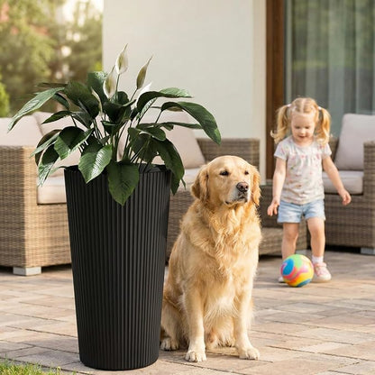 24" Black Outdoor Planter Set of 2, Tall Planters for Outdoor Plants with Drainage Hole, Large Flower Pots for Indoor Plants, Front Porch Decor/Patio, Plastic Striped