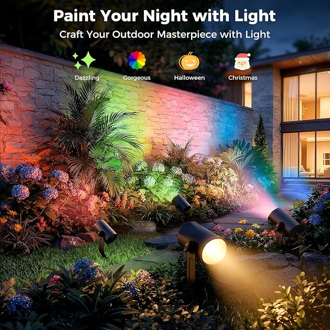 CDN Smart Landscape Spotlights, 4 Pack RGBCW Outdoor Lights, IP65 Waterproof & Dimmable, Compatible with Alexa/Google Assistant, for Garden Yard Pathway Decor