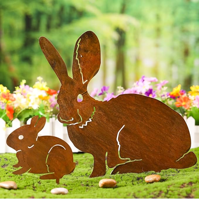 CroBlissful 2 Pack Mama and Baby Bunny Garden Stake, Metal Bunny Statue Realistic Long Ear Rabbit Animal Stake Pack Decorative Yard Stakes Garden Rabbit Statue Outdoor Flowerbed Outdoor Decor, Rust