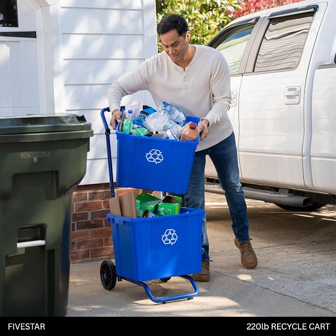 FIVESTAR 220 lb. Capacity Heavy-Duty Wheeled Recycle Cart with Steel Frame and All-Terrain Wheels and Recycle Bin Clips