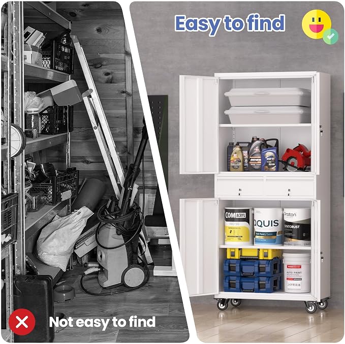 Metal Storage Cabinet with Wheels, 72” Rolling Garage Organizer with Locking Doors & 2 Drawers, Heavy Duty Steel Tool Cabinet with 3 Adjustable Shelves, Lockable Filing Cabinet for Home Office
