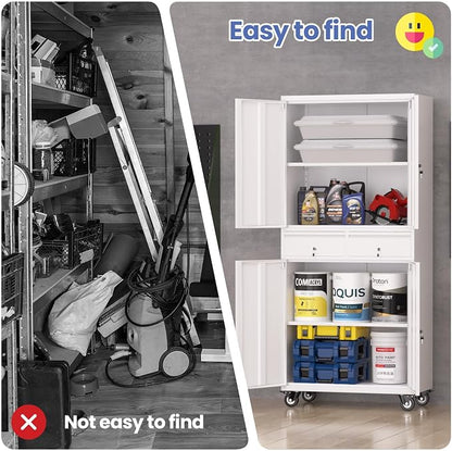 Metal Storage Cabinet with Wheels, 72” Rolling Garage Organizer with Locking Doors & 2 Drawers, Heavy Duty Steel Tool Cabinet with 3 Adjustable Shelves, Lockable Filing Cabinet for Home Office