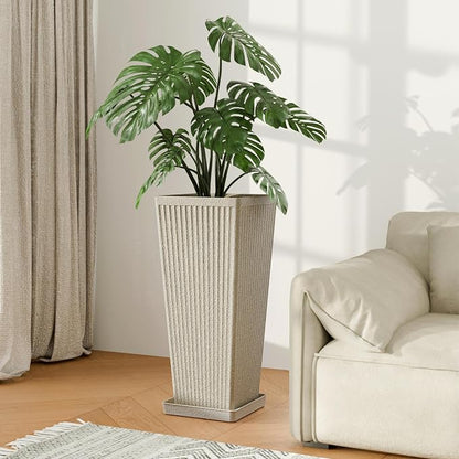 Square Tall Planters for Outdoor Plants Set of 2-24" Heavy-Duty Classic Tapered Indoor Flower Pots with Drainage Holes/Partition/Tray, Large Outdoor Planters for Porch Patio, Beige Cream