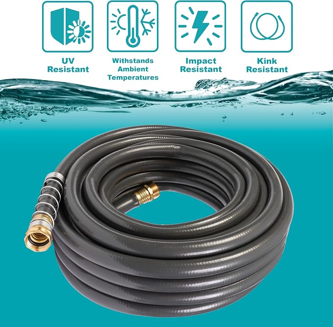 Gilmour Flexogen 5/8 in x 50 ft Garden Hose, Heavy Duty Water Hose, Flexible and Kink Resistant Outdoor Hose, Gray | Leak-Proof Brass Couplings, Kink Resistant 8-Layer Design, 500 PSI, Made in USA