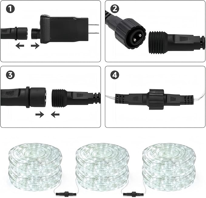 Lighting EVER 33ft 240 LED Outdoor Rope Lights Cool White 6000K, 24 V Connectable, Waterproof Clear Tube String Lights for Deck Railing, Patio Ground, Garden, Yard Lawn, Flower Bed Landscape, Camping