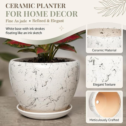9.5 Inch Ceramic Plant Pot with Drainage Hole Mesh Net,Modern Gardening Pots for Indoor Plants with Saucer, White Silk