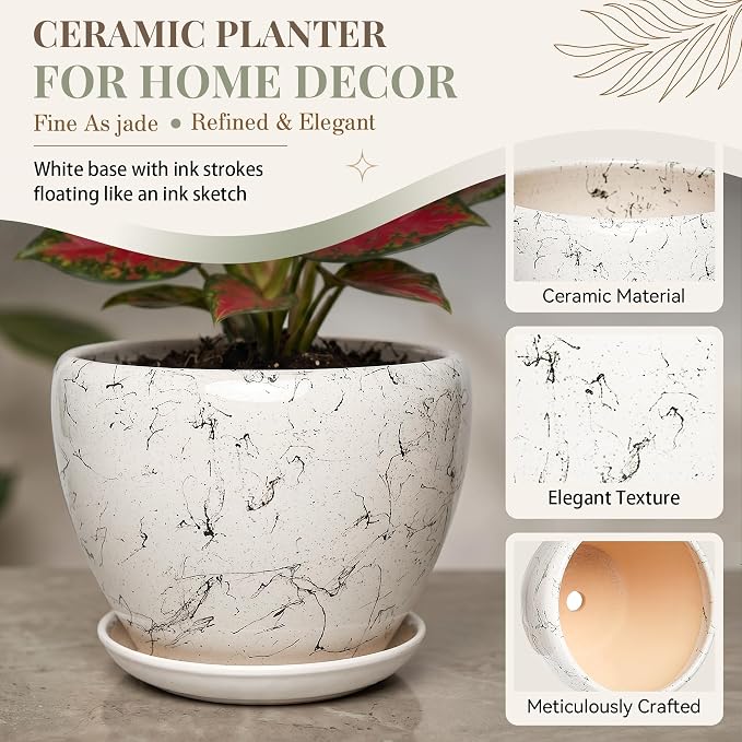 7.5 Inch Ceramic Plant Pot with Drainage Hole Mesh Net,Modern Gardening Pots for Indoor Plants with Saucer, White Silk