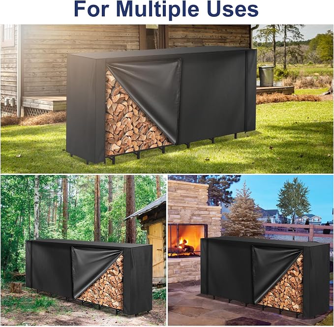 Honest 8ft Firewood Rack Cover, Heavy Duty Waterproof 600d Oxford Outdoor Firewood Storage Cover with Zipper and Openable Front Flap, Cover Only