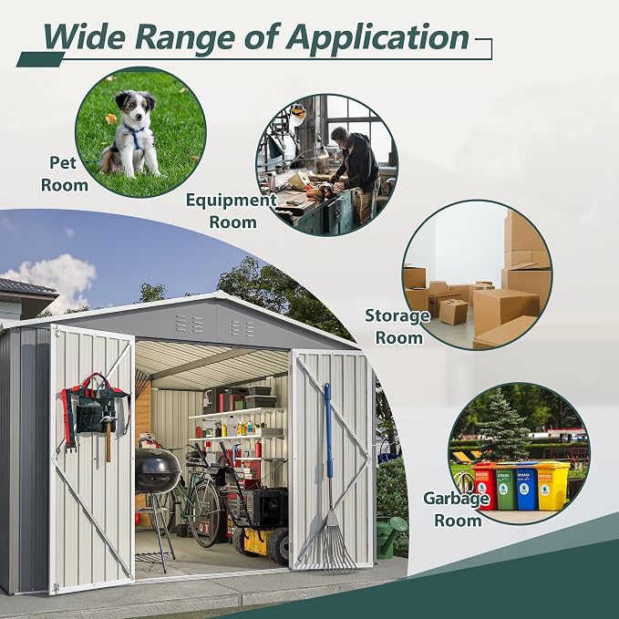 PVWIIK 10x10 FT Large Outdoor Metal Storage Shed, Heavy Duty Waterproof Steel Garden Tool Shed with Lockable Doors, Utility Storage Building for Backyard Patio Lawn Garden, Grey
