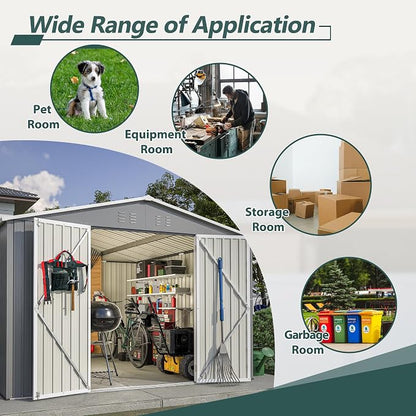 PVWIIK 10x10 FT Large Outdoor Metal Storage Shed, Heavy Duty Waterproof Steel Garden Tool Shed with Lockable Doors, Utility Storage Building for Backyard Patio Lawn Garden, Grey