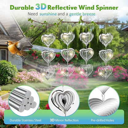 Bird Deterrents for Outside, 12 Discs Stainless Steel 3D Wind Spinners Garden Decor, 4 Sets Reflective Bird Scare Devices to Keep Woodpeckers, Pigeons Away from Patio, Balcony, Porch, Deck
