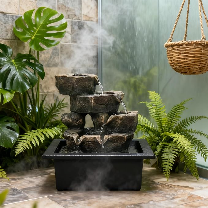 Indoor Tabletop Rock Waterfall Fountain with Warm Light & Stacked Stone for Home Office Desk Decor, Zen Resin Water Feature for Relaxation