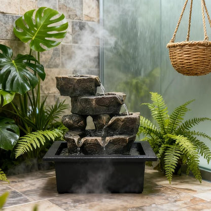 Indoor Tabletop Rock Waterfall Fountain with Warm Light & Stacked Stone for Home Office Desk Decor, Zen Resin Water Feature for Relaxation