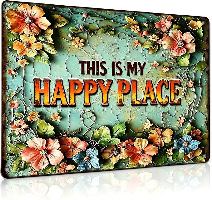Funny Garden Metal Signs, Vintage Outdoor Wall Decor 12x8 Inch | This is My Happy Place, Weatherproof Aluminum Sign for Patio Yard Greenhouse, Gift For Gardeners
