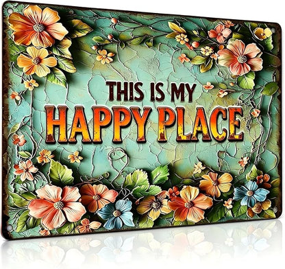 Funny Garden Metal Signs, Vintage Outdoor Wall Decor 12x8 Inch | This is My Happy Place, Weatherproof Aluminum Sign for Patio Yard Greenhouse, Gift For Gardeners