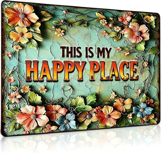 Funny Garden Metal Signs, Vintage Outdoor Wall Decor 12x8 Inch | This is My Happy Place, Weatherproof Aluminum Sign for Patio Yard Greenhouse, Gift For Gardeners