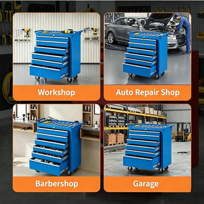 IDEALHOUSE Rolling Tool Chest, 6 Drawers Tool Storage Cabinet, Toolbox with Wheels, Portable Tool Cabinet Organizer with Locking System & Drawer Liners, Tool Storage Cart for Garage, Workshop, Blue