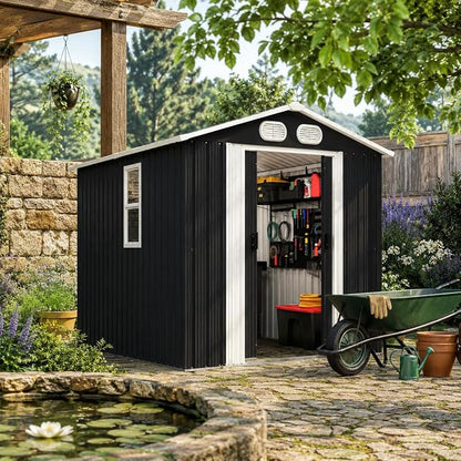 KEIKI 8x6 FT Outdoor Storage Shed, Heavy Duty Metal Garden Shed with Lockable Sliding Doors, Air Vents & Sloped Roof, Waterproof Backyard Tool Shed for Lawn Equipment, Patio Furniture, Dark Gray
