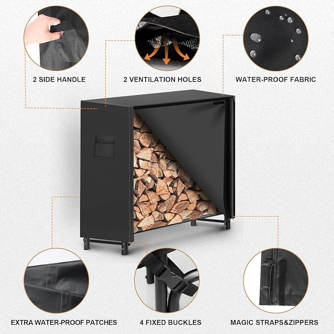 Gtongoko 4FT Firewood Rack Outdoor with Cover, Heavy Duty Wood Storage Racks with 600D Oxford Weather Resistant Waterproof Fabric Cover, Outdoor Firewood Holder