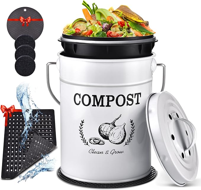 AOSION 1 Gallon Countertop Compost Bin for Kitchen with Lid,Odor Resistant | Farmhouse compost bin with charcoal filter,inner bucket and bags,easy kitchen food waste storage