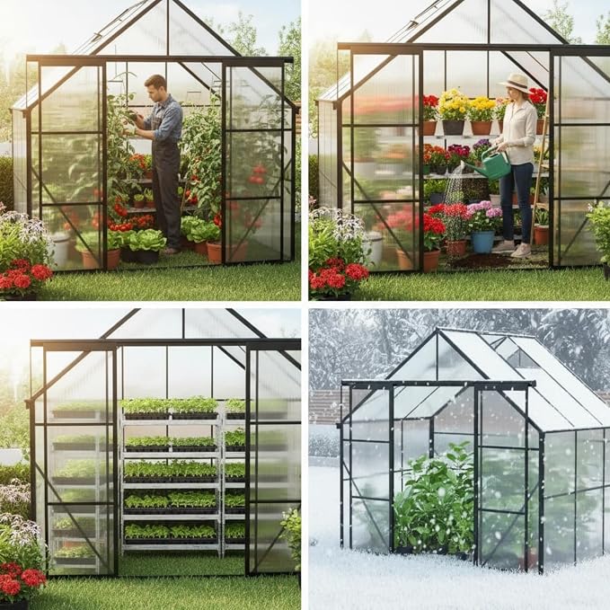 8x6 FT Greenhouse, Walk-in Polycarbonate Greenhouses with Double Sliding Doors, Aluminum Frame, Adjustable Roof Vent, Raised Base & Anchor, Outdoor Backyard Greenhouse for All Seasons, Black