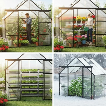 8x6 FT Greenhouse, Walk-in Polycarbonate Greenhouses with Double Sliding Doors, Aluminum Frame, Adjustable Roof Vent, Raised Base & Anchor, Outdoor Backyard Greenhouse for All Seasons, Black