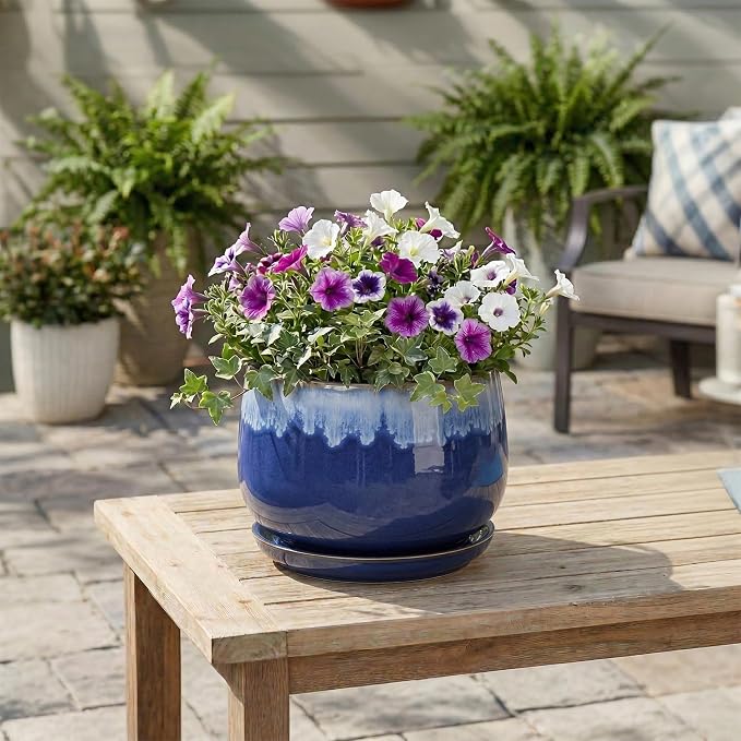 Ceramic Pots for Plants - 9 Inch Indoor Planter with Drainage Hole and Saucer, Decorative Plant Pots for Indoor Plants, Round Ceramic Flower Pot, Home Vanity Decor, Garden Gifts, Deep Blue