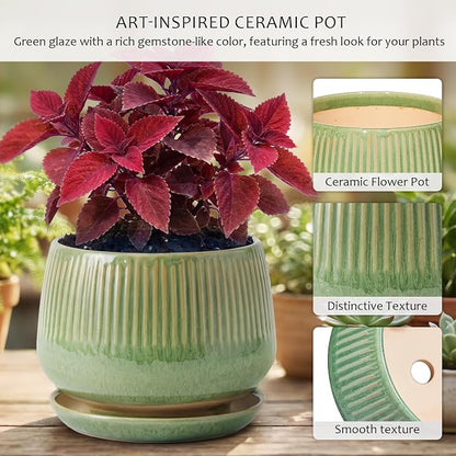 7.5 Inch Ceramic Planter with Saucer,Modern Garden Pots with Drainage Hole Mesh Net, for Indoor Outdoor Use (Crackle Green)