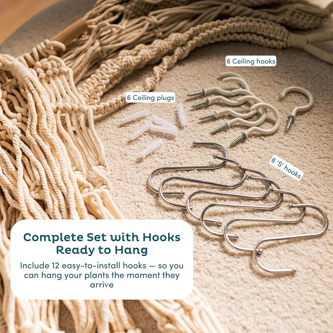 Nook Theory 6-Pack Macrame Plant Hangers with 12 Hooks - Hanging Planters for Indoor Plants, Boho Macrame Hangers Indoor Outdoor, Decorative Plant Hanger Indoor (Light Gray)