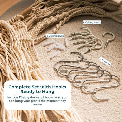 Nook Theory 6-Pack Macrame Plant Hangers with 12 Hooks - Hanging Planters for Indoor Plants, Boho Macrame Hangers Indoor Outdoor, Decorative Plant Hanger Indoor (Caramel)