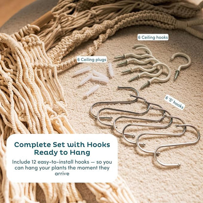 Nook Theory 6-Pack Macrame Plant Hangers with 12 Hooks - Hanging Planters for Indoor Plants, Boho Macrame Hangers Indoor Outdoor, Decorative Plant Hanger Indoor (Cream)
