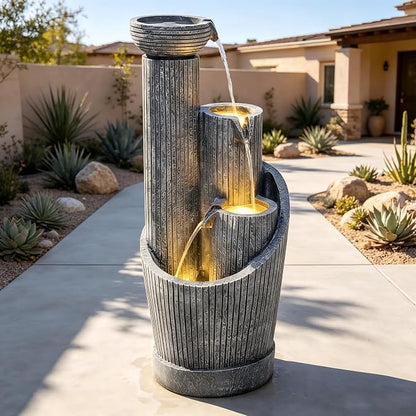 AUTODAYA 31" 5-Tier Twist Pedestal Outdoor Fountain LED Cascading Waterfall | geometric twist Pedestal Bowl design, fluted texture, patio garden, Backyard, Deck, or Porch