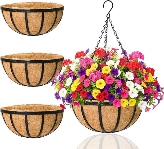 Hanging Planters for Outdoor Plants 4 Pack 14 inch Metal Hanging Flower Basket with Coco Coir Liner Wire Plant Holder Watering Flower Baskets Pot Hanger Garden Decoration for Indoor Outdoor(DQL)