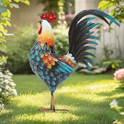 32" Majestic Metal Rooster Yard Decor, Large Outdoor Garden Statue | Outdoor Chicken Sculpture, 3D Hand-Painted, Rustic Farmhouse Style, Weather Resistant Iron, Backyard Patio Lawn Garden