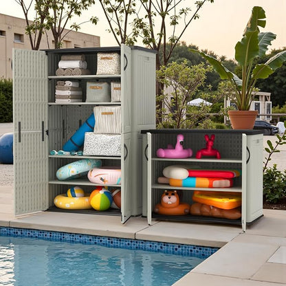 Devoko 26 Cu Ft Plastic Outdoor Storage Cabinet, Beige | Horizontal Resin Storage Shed with Lockable Door, Water-Resistant Backyard Storage Box for Garden Patio, Shelf Not Included