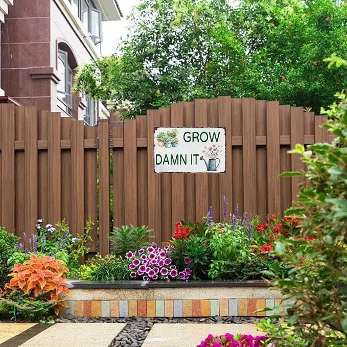 Vintage Garden Sign Grow Damn It Metal Tin Sign Flower Sign Retro Aluminum Sign Wall Decor for Garden Yard Home Outdoor Outside 12×8 Inch