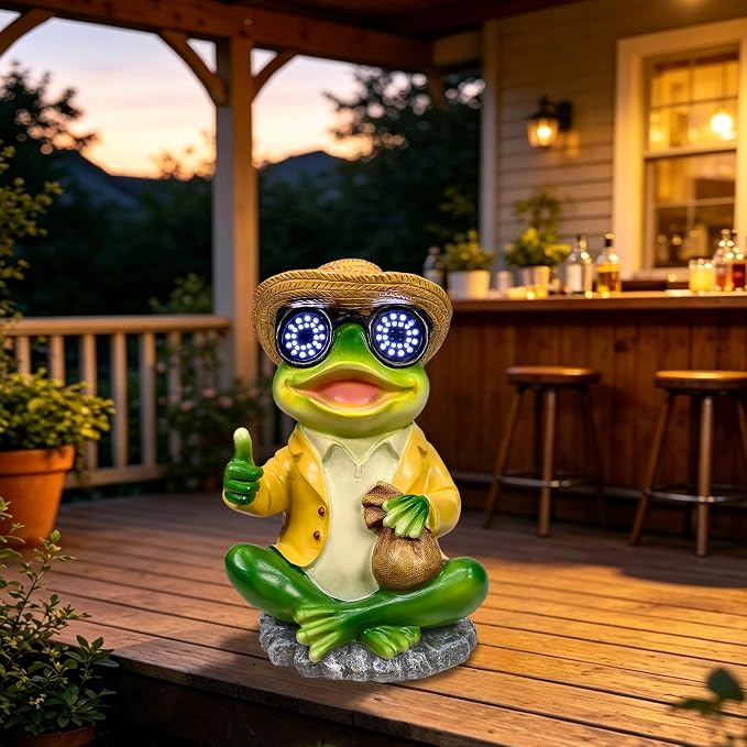 Solar Frog Garden Statue Decor - Waterproof Frog Figurine with Solar LED Blink Eyes,Funny Outdoor Garden Statues for Yard Patio Lawn Ornament,Unique Housewarming, Birthday, Thanksgiving, Mom Gifts