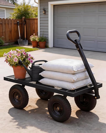 GarveeTech 1200LBS Heavy Duty Steel Garden Cart, Garden Wagon Cart on Wheels, Metal Yard Utility Wagon with Removable Mesh Sides, 13" All Terrain Tires, 180° Rotating Handle for Lawn, Garden, Farm
