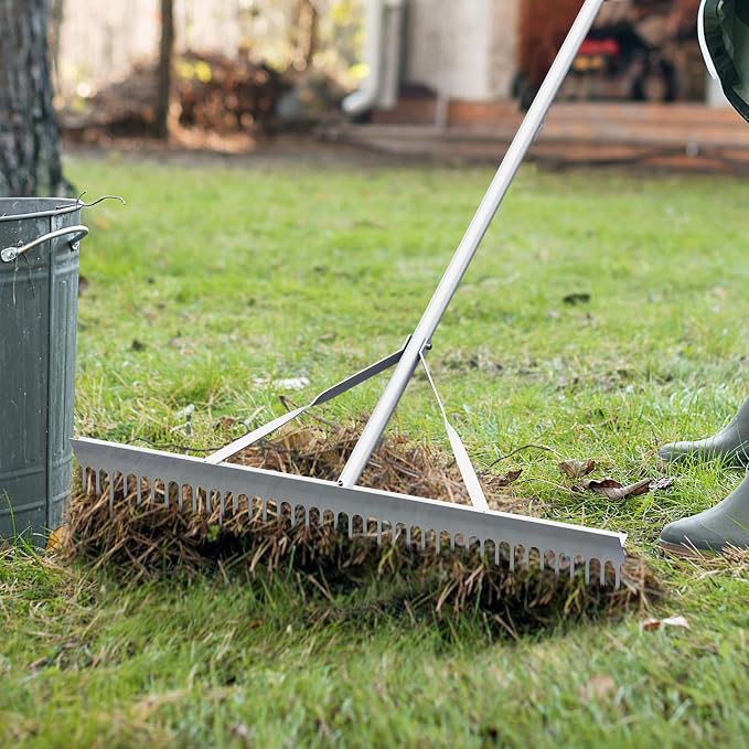 36” Landscape rake, Aluminum Garden with 36 Tines Head & 68” Non-Slip Long Handle, Double-Sided Metal Rake for Loosening Soil & Cleaning Weed, Leaf Rake for Garden Pond Beach Care
