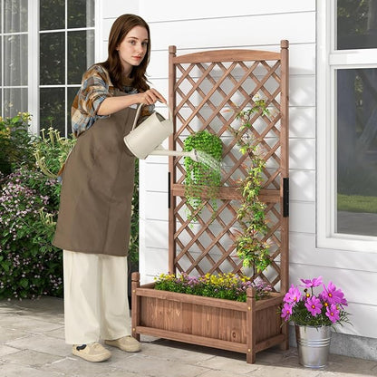 HAPPYGRILL Raised Garden Bed with Trellis, Large Planting Box w/Drainage Holes, 60” Wooden Garden Planter w/Diamond Lattice Trellis for Climbing Plants, Outdoor Planter Box for Patio (2, Coffee)