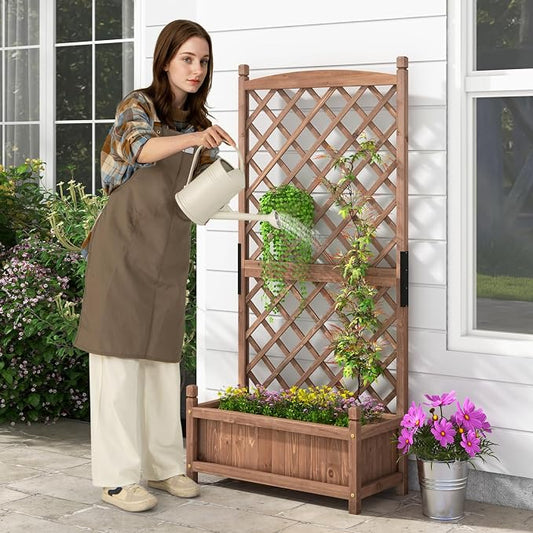 HAPPYGRILL Raised Garden Bed with Trellis, Large Planting Box with Drainage Holes, 60” Wooden Garden Planter w/Diamond Lattice Trellis for Climbing Plants, Outdoor Planter Box for Patio Balcony (1)